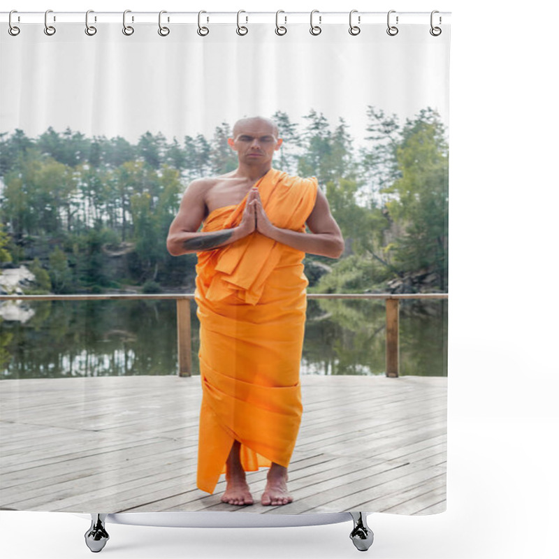 Personality  Full Length View Of Buddhist Monk Meditating With Praying Hands On Wooden Platform Near Forest Lake Shower Curtains