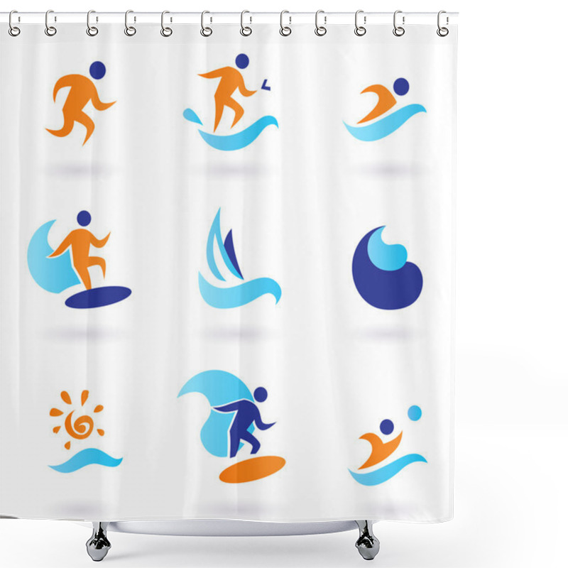 Personality  Summer Swimming And Surfing Icons - Blue, Orange Shower Curtains