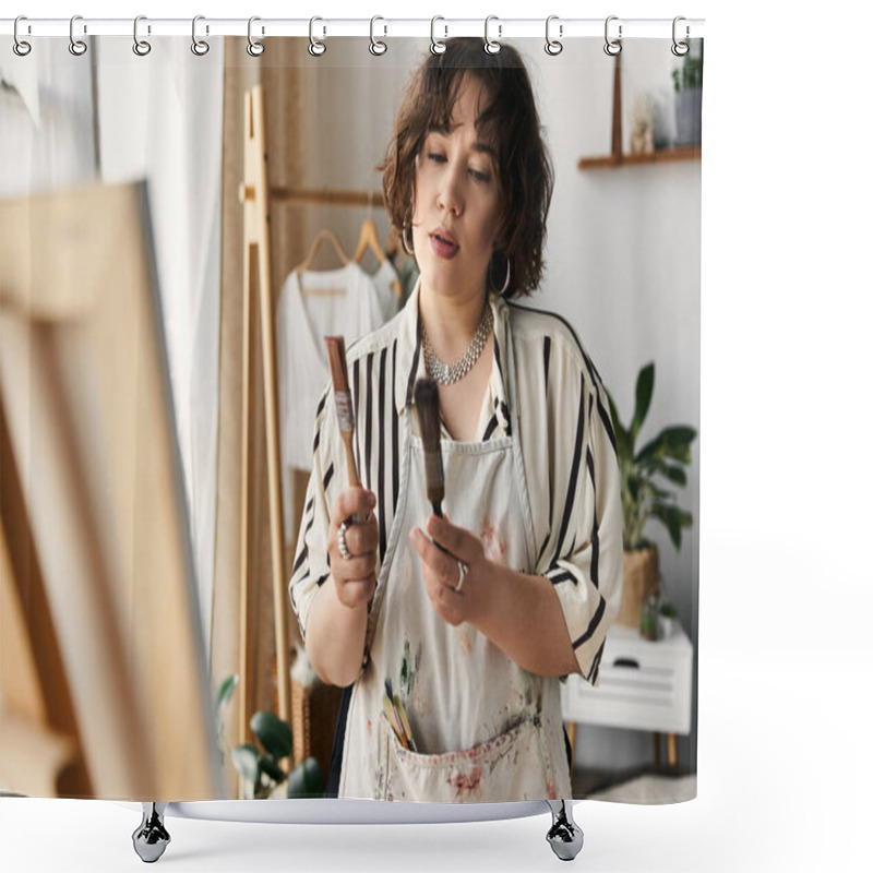 Personality  Curly-haired Young Woman Enjoys Painting Near Her Easel, Surrounded By Natural Light And Plants. Shower Curtains