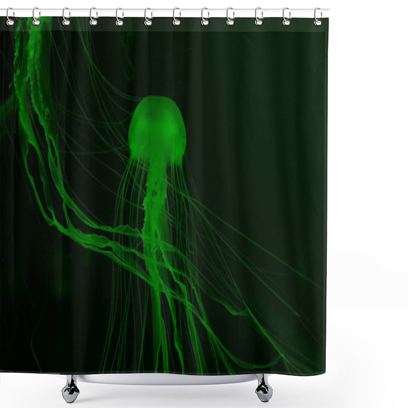 Personality  Jellyfishes In Green Neon Light On Dark Background Shower Curtains