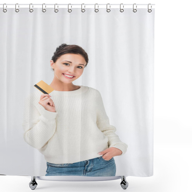 Personality  Happy Woman Showing Credit Card Isolated On White  Shower Curtains