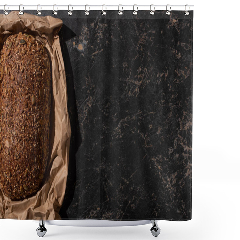 Personality  Top View Of Fresh Baked Loaf Of Whole Grain Bread In Paper On Stone Black Surface Shower Curtains