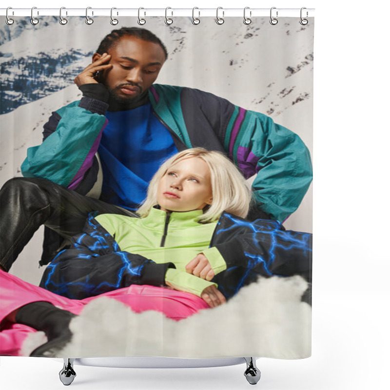 Personality  Attractive Diverse Couple In Warm Stylish Attire Posing Together On Snow Together, Winter Concept Shower Curtains