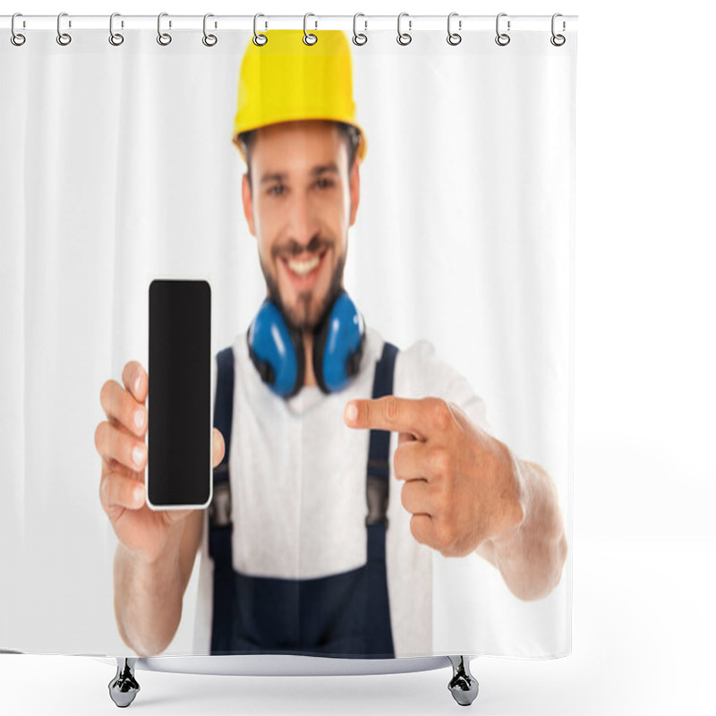 Personality  Selective Focus Of Smiling Repairman Pointing With Finger At Smartphone With Blank Screen Isolated On White Shower Curtains