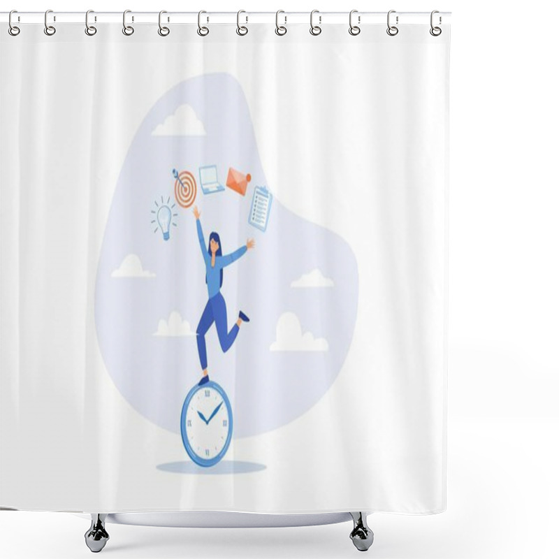 Personality  Productive Woman, Multitasking Or Time Management Professional, Productivity Or Entrepreneurship, Work Efficiency Or Organize Schedule, Flat Vector Modern Illustration Shower Curtains