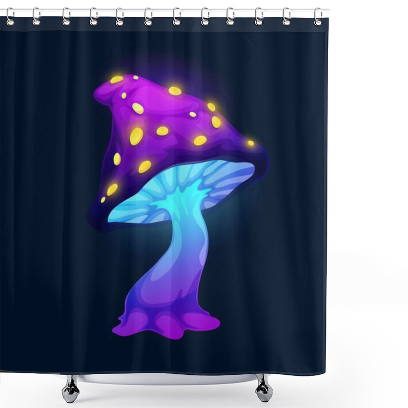 Personality  Fantasy Magic Purple Mushroom With Yellow Growths, Vector Cartoon Icon. Toxic Luminous Mushroom From Fairy Tale Or Fantasy, Amanita With Acid Yellow Poisonous Liquid Drips In Neon Light Shower Curtains