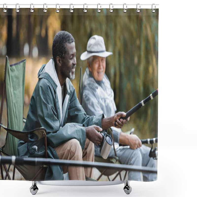 Personality  Positive African American Man Holding Thermo Cup And Fishing Rod Near Blurred Friend  Shower Curtains