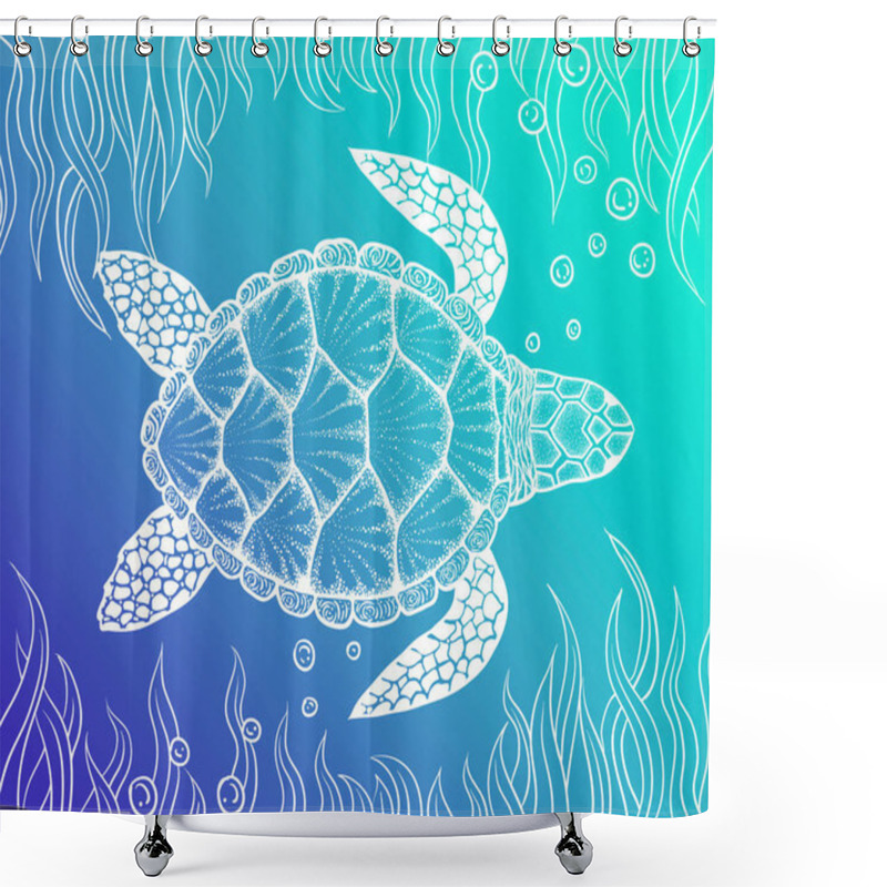 Personality  Sea Turtle In Line Art Style. Hand Drawn Vector Illustration. Design For Coloring Book. Set Of Ocean Elements Shower Curtains