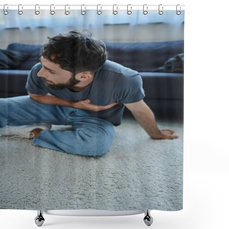 Personality  Bearded Suffering Man In Casual Home Wear Having Severe Panic Attack, Mental Health Awareness Shower Curtains