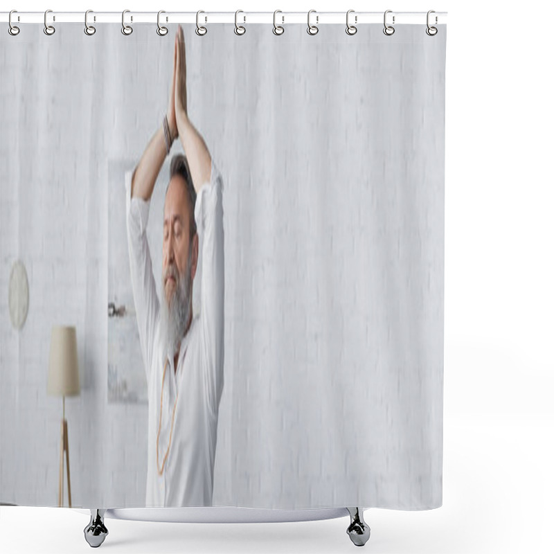 Personality  Senior Bearded Man In White Shirt Meditating With Arms Up And Praying Hands, Banner Shower Curtains