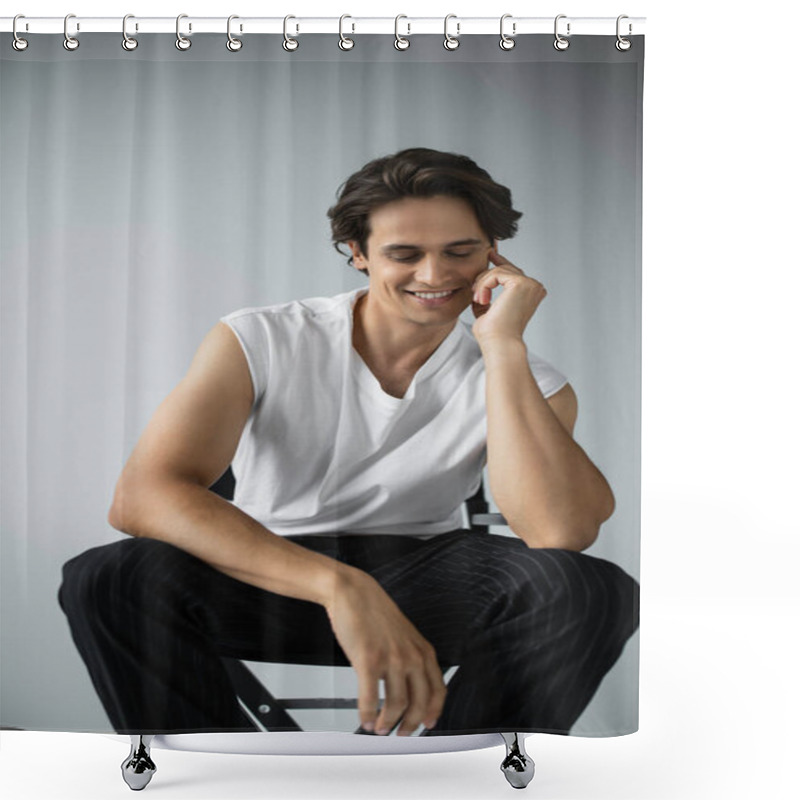 Personality  Happy Man In Striped Trousers And White T-shirt Sitting On Camp Chair On Grey  Shower Curtains