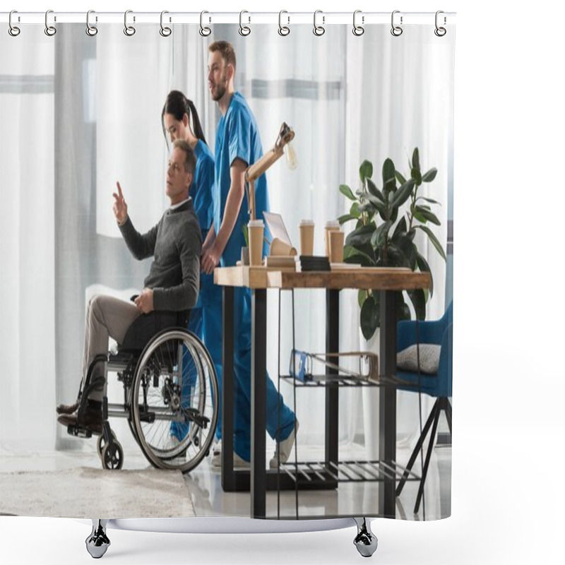 Personality  Nurses Helping Middle Aged Man On Wheelchair Shower Curtains