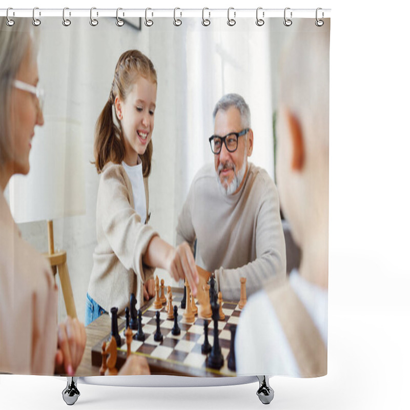 Personality  Children Brother And Sister Playing Chess While Sitting In Living Room With Senior Grandparents Shower Curtains