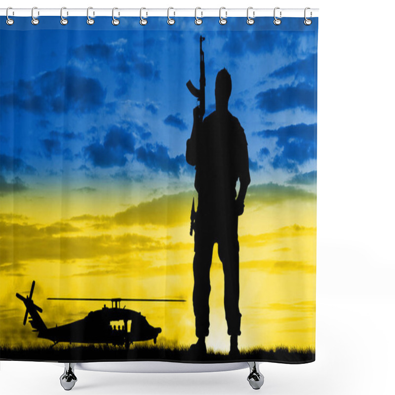 Personality  Ukrainian Military Against The Sky In The Form Of A Ukrainian Flag And A Helicopter - Silhouette. Concept War Between Ukraine And Russia Shower Curtains