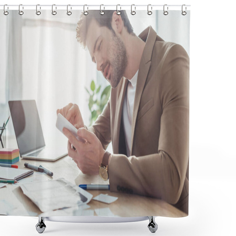 Personality  Side View Of Designer Using Smartphone With Ux App Sketches On Table Shower Curtains