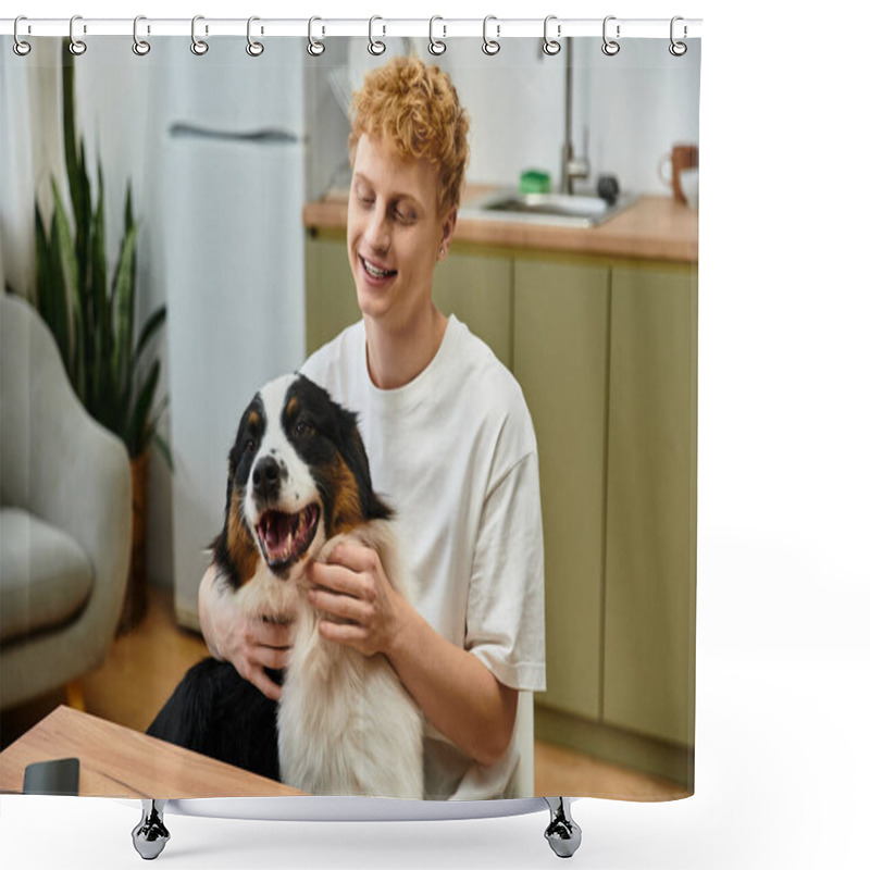 Personality  Young Redhead Man Smiles While Cuddling His Cheerful Dog At Home. A Cozy Moment Shared. Shower Curtains