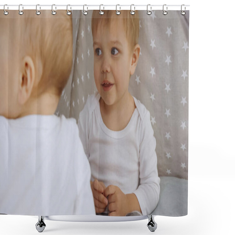 Personality  Cute Toddler Siblings Playing Together In Baby Wigwam Shower Curtains