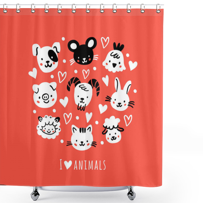 Personality  Circle Illustration With Farm Animals Scandinavian Shower Curtains