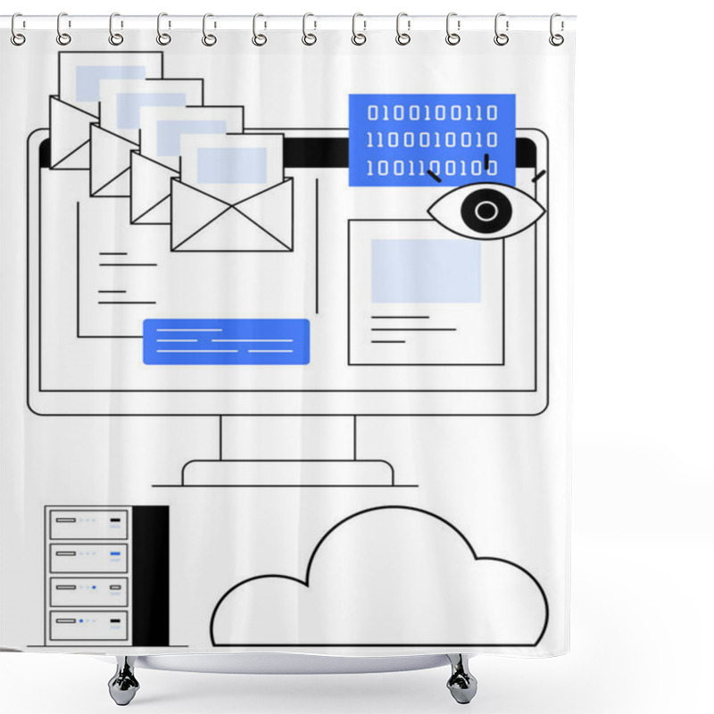 Personality  Monitor With Emails And Binary Code, Indicates Email Security, Data, And Cloud Storage. Ideal For Cybersecurity, Data Security, Email Protection, Cloud Computing, IT Infrastructure Network Security Shower Curtains