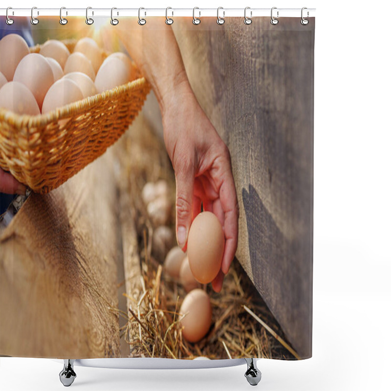 Personality  Man Holding Basket With Eggs, Holding Chicken Egg In Hand On Poultry Farm Background, Fresh Eggs Collection Shower Curtains