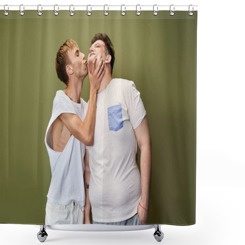 Personality  A Queer Couple Joyfully Kisses, Celebrating Love And Connection In A Cozy Indoor Setting. Shower Curtains