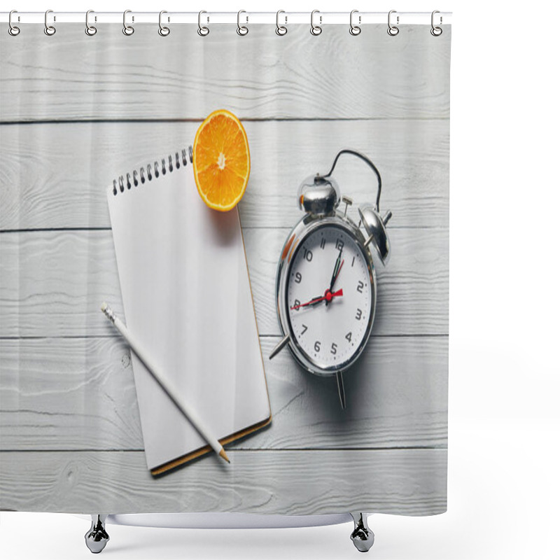 Personality  Top View Of Orange Half, Blank Notebook And Pencil Near Alarm Clock On Wooden White Background Shower Curtains