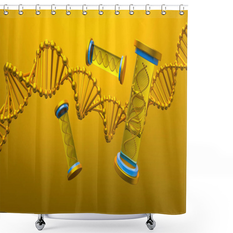 Personality  Dna Helix Models, Golden Yellow Background, Test Tubes With Dna Strands, Genetic Research, Molecular Structure,biotechnology, Gradient Lighting, Floating Elements. 3D Render Shower Curtains