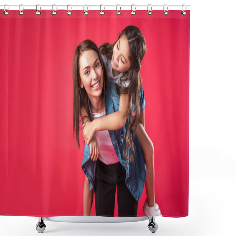 Personality  Mother Giving Piggyback To Daughter Shower Curtains