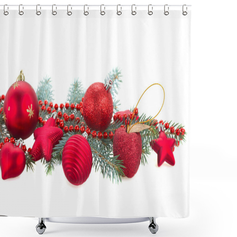 Personality  Fir Tree Branch And Red Christmas Decorations Shower Curtains