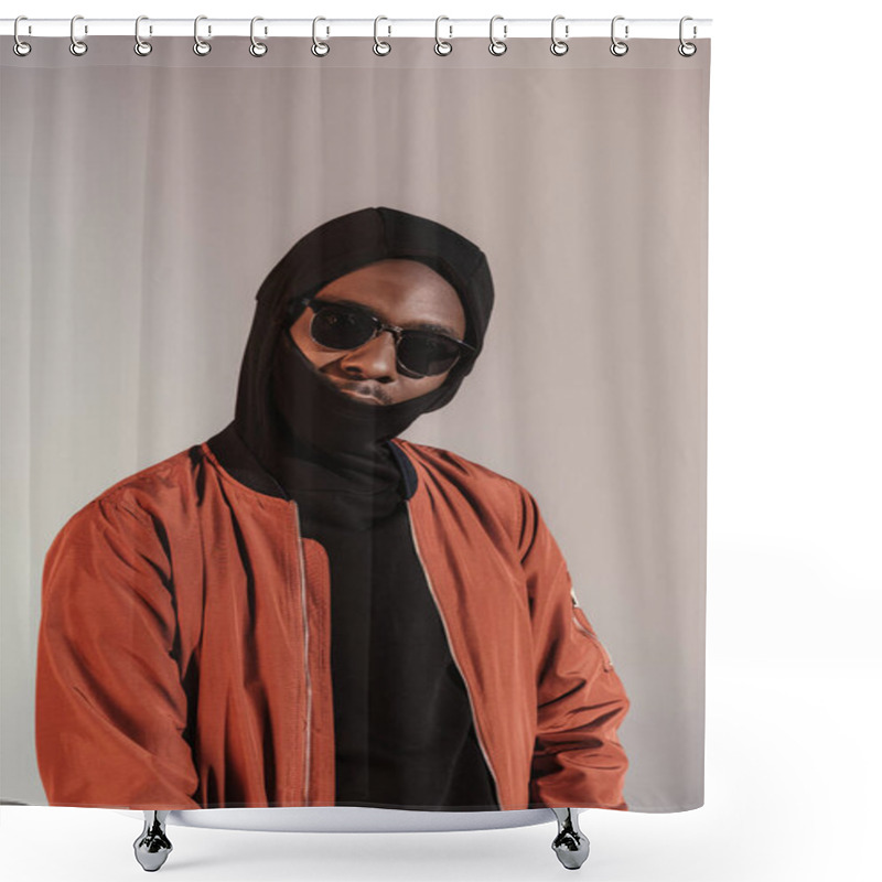 Personality  Stylish Young African American Man Wearing Hood With Face Mask Isolated On Light Background Shower Curtains