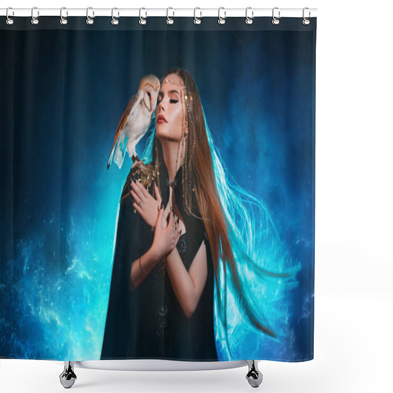 Personality  Art Photo Real Person Fantasy Gothic Woman With White Barn Owl Bird Pet Sitting On Shoulder. Fantasy Elf Blonde Hair Fluttering Fly Wind Sexy Girl Beauty Face. Dark Room Black Dress Blue Magic Light. Shower Curtains