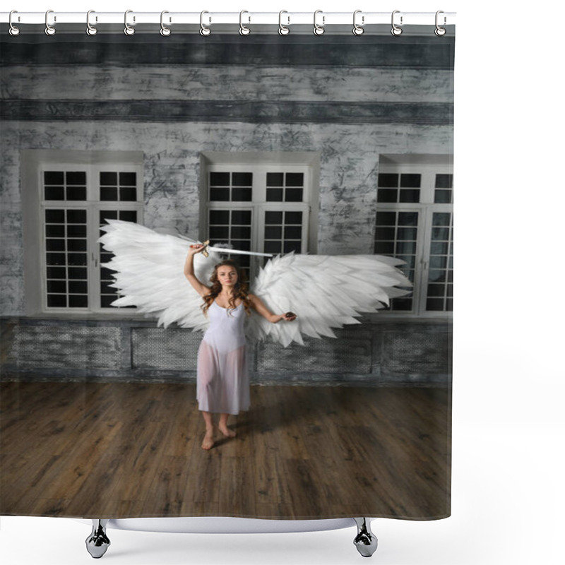 Personality  Girl In White With White Wings Of An Angel With A Retribution Sword Posing On A Gray Background Shower Curtains