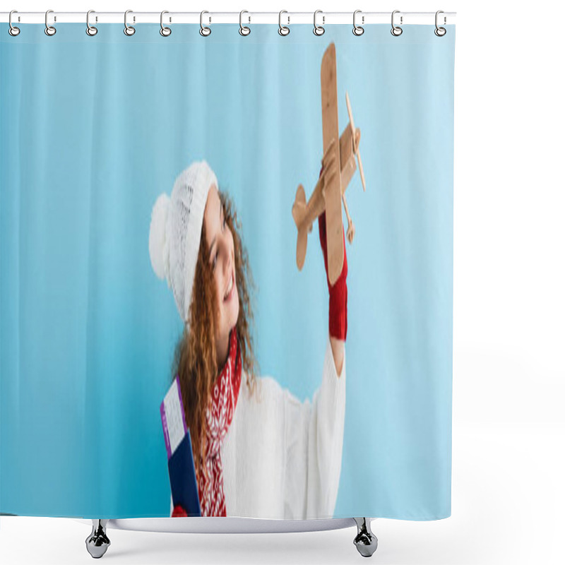 Personality  Happy Young Woman In Hat And Sweater Holding Passport And Toy Plane On Blue, Banner Shower Curtains