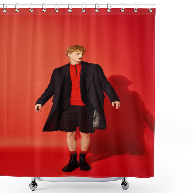 Personality  Standing Against A Vibrant Red Backdrop, A Man Showcases Contemporary Holiday Fashion With A Layered Look. Shower Curtains