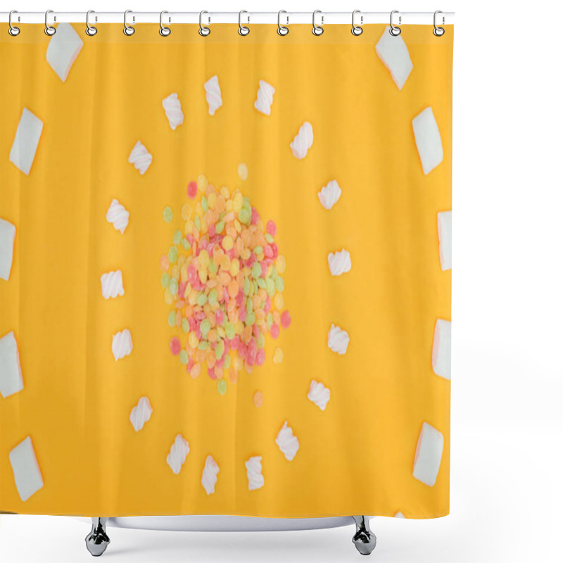 Personality  Top View Of Circles Of Jelly Candies And Marshmallows Isolated On Orange Shower Curtains