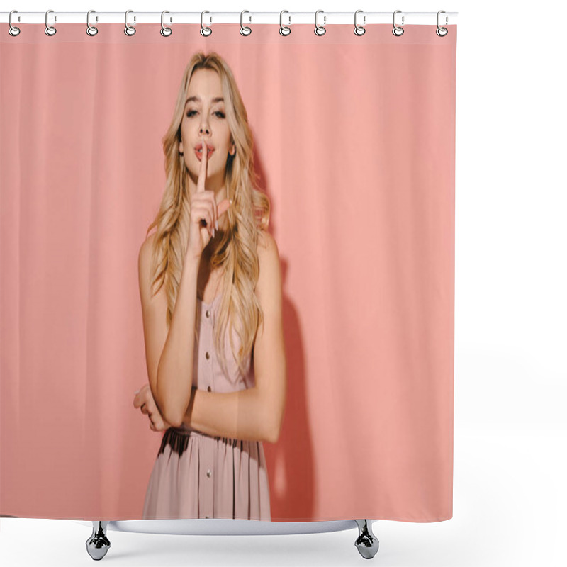 Personality  Attractive And Blonde Woman In Pink Dress Showing Shh Gesture Shower Curtains