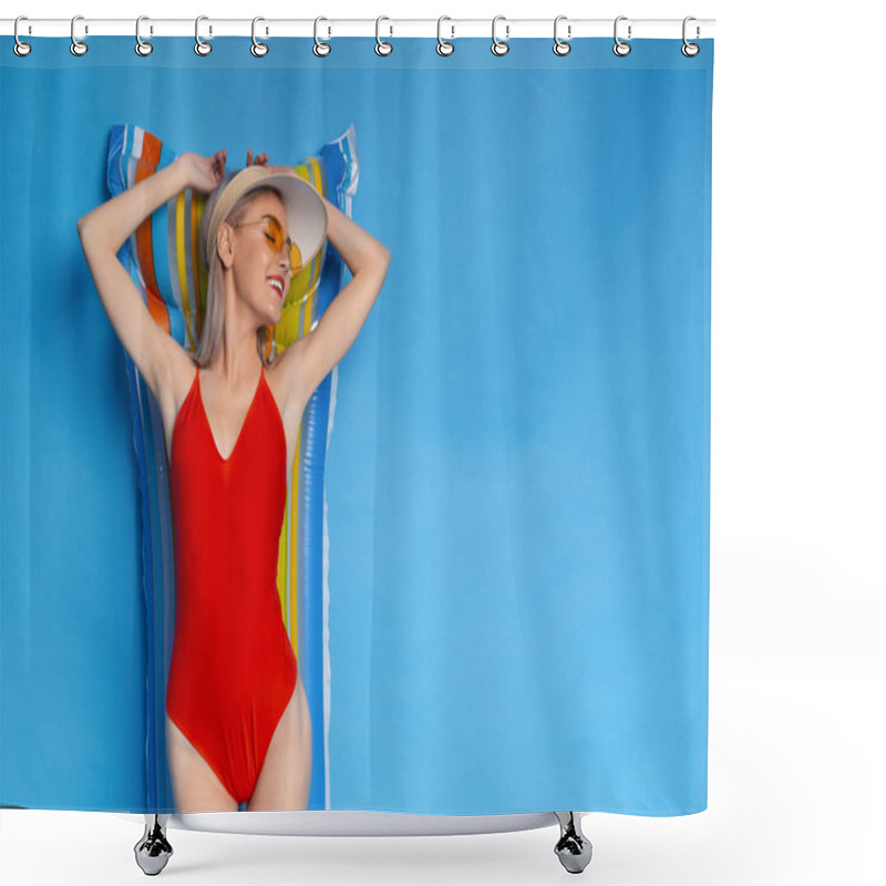 Personality  Blonde Girl In Swimsuit Sunbathing On Inflatable Mattress Shower Curtains