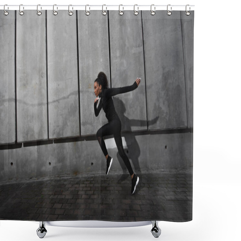 Personality  Side View Of Fit African American Runner Working Out Near Concrete Building  Shower Curtains