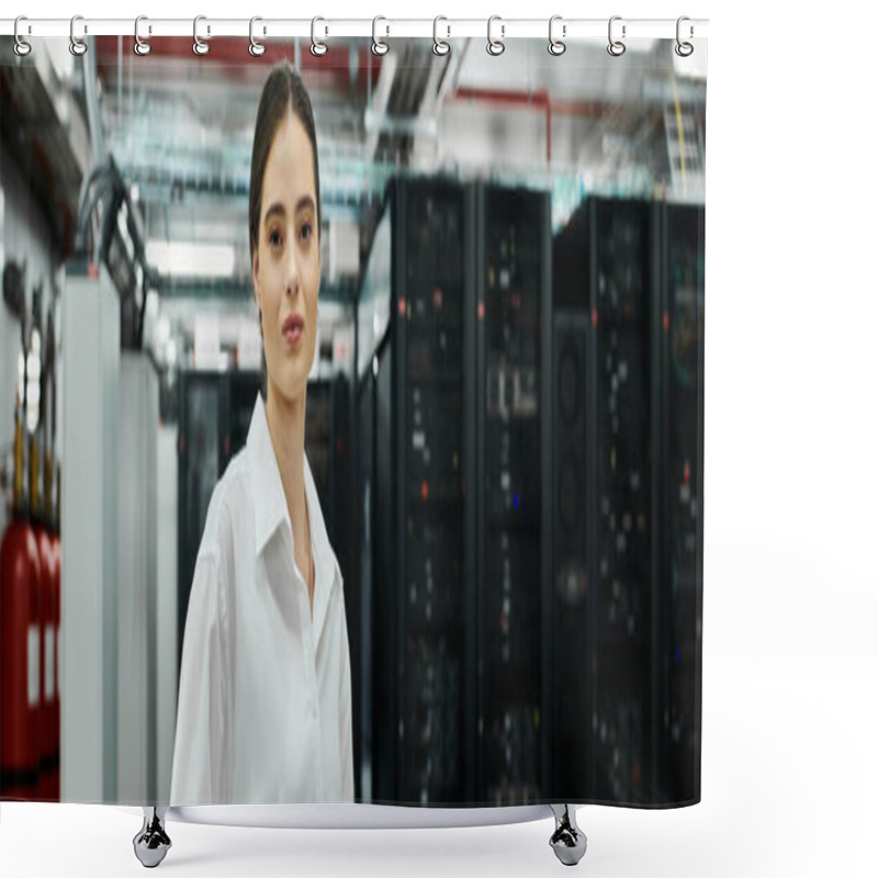 Personality  A Woman In A White Shirt Works On Server Systems In A High-tech Data Center, Banner Shower Curtains