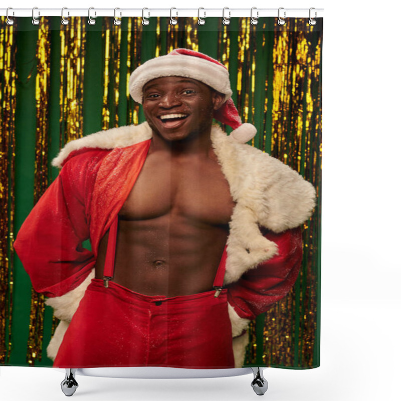 Personality  Sexy Sportive African American Man In Santa Costume On Shirtless Body Near Golden Tinsel On Green Shower Curtains