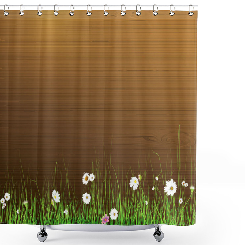 Personality  Vector Illustration Spring Nature Background. Green Grass And Leaf Plant, White Gerbera, Daisy Flowers And Sunlight Over Wood Fence. Shower Curtains