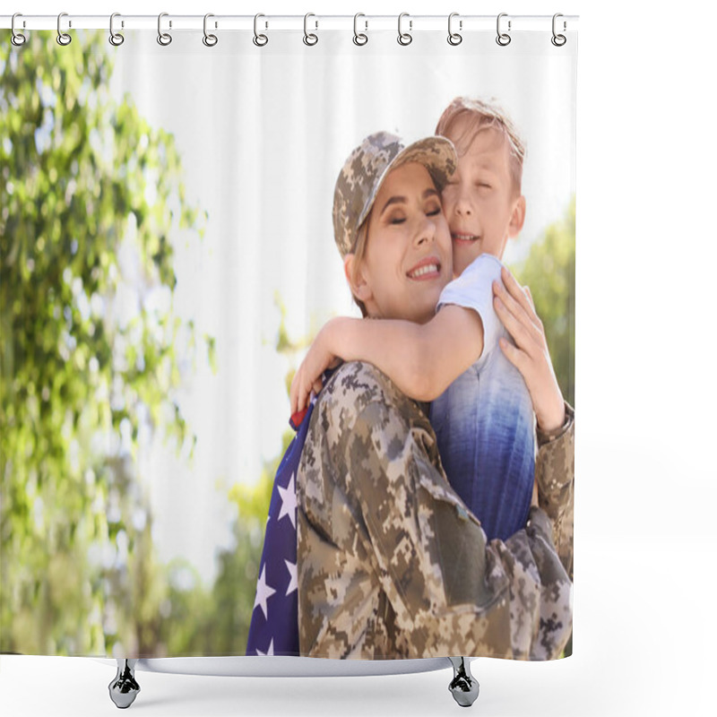 Personality  American Soldier With Her Son Outdoors. Military Service Shower Curtains