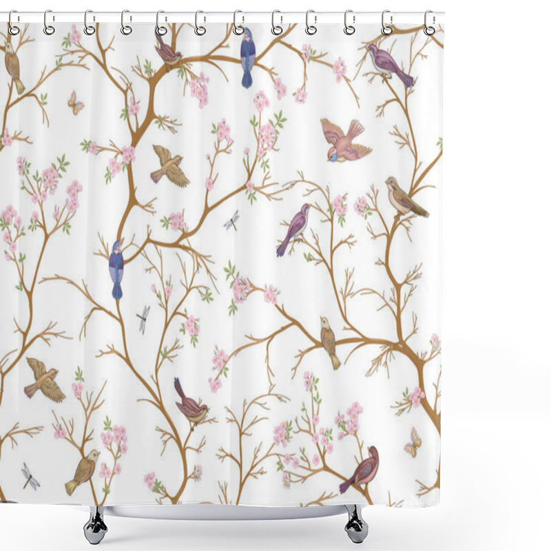 Personality  Cherry Blossom Tree, Sakura. With Sparrow, Finches Butterflies And Dragonflies. Seamless Pattern, Background. Vector Illustration. Chinoiserie, Traditional Oriental Botanical Motif. Shower Curtains