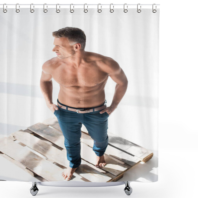 Personality  High Angle View Of Shirtless Handsome Adult Man Standing On Pallet On White And Looking Away Shower Curtains