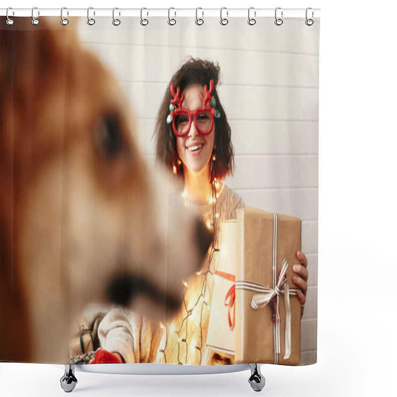 Personality  Stylish Happy Girl Holding Christmas Gift Box In Christmas Light Shower Curtains