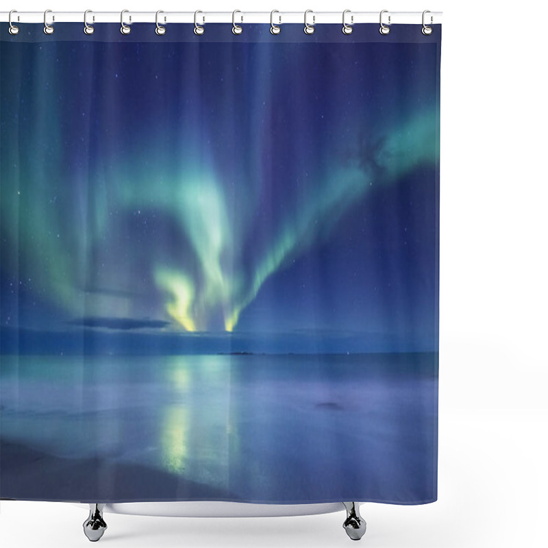 Personality  Aurora Borealis On The Lofoten Islands, Norway. Green Northern Lights Above Ocean. Night Sky With Polar Lights. Night Winter Landscape With Aurora And Reflection On The Water Surface. Norway-image Shower Curtains