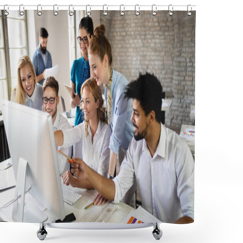 Personality  Successful Happy Group Of Students Learning Software Engineering And Business During Presentation Shower Curtains