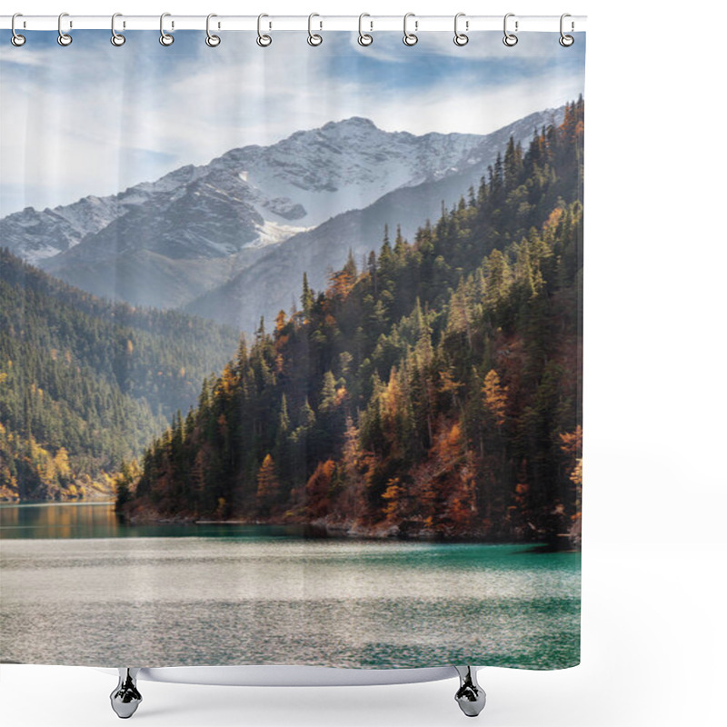 Personality  Scenic View Of Snow-capped Mountains On Blue Sky Background Shower Curtains