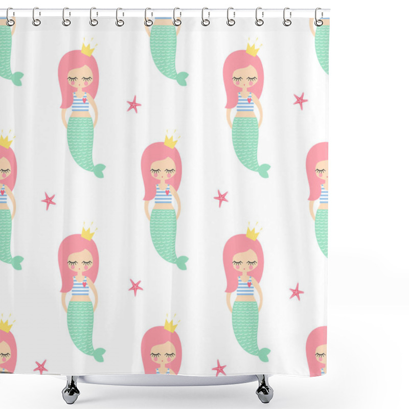 Personality  Cute Pink Hair Mermaid Girl With Starfish Seamless Pattern On White Background. Shower Curtains