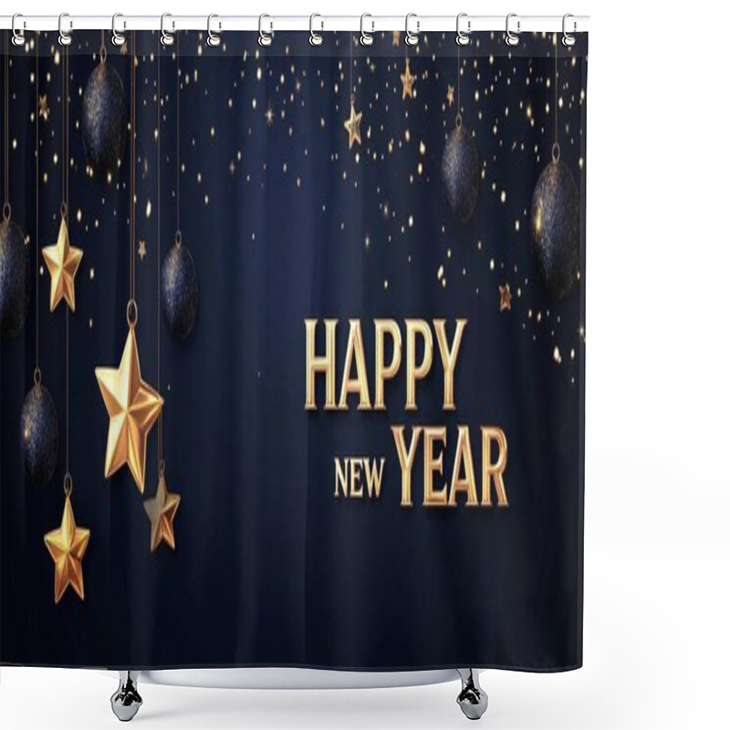 Personality  Elegant New Year Celebration Design With Golden Stars And Ornaments On A Dark Blue Background. Shower Curtains